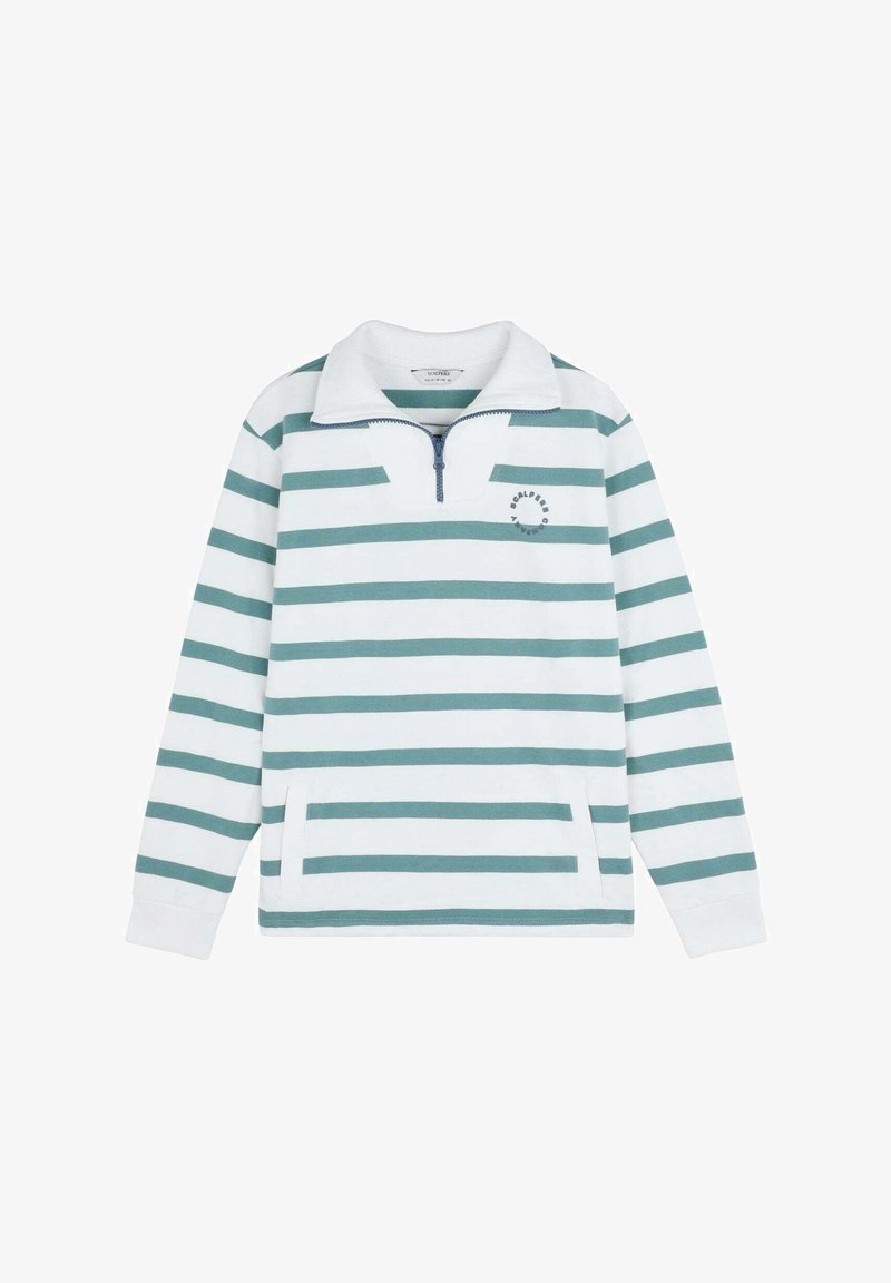 Striped pullover in white and teal, featuring a zippered collar, ribbed cuffs, and a front pocket. Soft fabric with a relaxed fit.