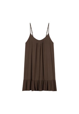 Bruine mouwloze mini-jurk met dunne verstelbare bandjes, geplooide halslijn en gerafelde zoom.