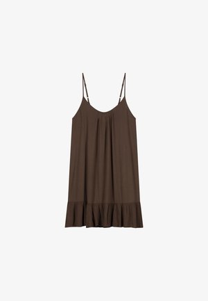 Bruine mouwloze mini-jurk met dunne verstelbare bandjes, geplooide halslijn en gerafelde zoom.