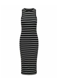 Vestido sin mangas a rayas blanco y negro, textura acanalada, diseño ajustado, de longitud a la rodilla, con escote redondo y rayas horizontales alternadas.