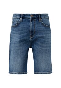 Szorty dżinsowe w średnim niebieskim kolorze z delikatnie przetartym wykończeniem, z pięcioma kieszeniami, pojedynczym zapięciem na guzik oraz haftowanymi detalami.