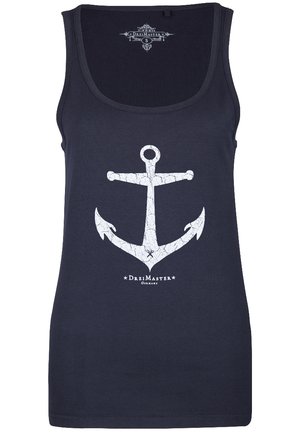 Marineblauwe mouwloze tanktop met een grote witte anker afbeelding en "DreiMaster Germany" tekst aan de voorkant.