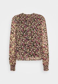 Blusa nera a maniche lunghe con un motivo floreale in rosa, crema e verde. Presenta un collo arricciato e polsini elastici. Tessuto leggero.