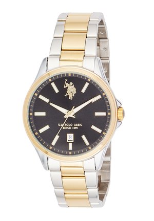 Orologio da polso uomo con quadrante nero, cinturino in metallo oro e argento, indici orari dorati, datario alle 6 e logo U.S. Polo Assn.