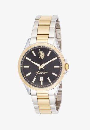 Orologio da polso uomo con quadrante nero, cinturino in metallo oro e argento, indici orari dorati, datario alle 6 e logo U.S. Polo Assn.