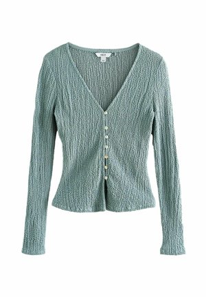 Grüner Strickcardigan mit langen Ärmeln, V-Ausschnitt und fünf Knöpfen vorne. Texturiertes Material mit einer leicht taillierten Form.