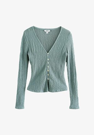 Knitted green cardigan with long sleeves, V-neckline, and five button front closure. Textured fabric with a slightly fitted shape.