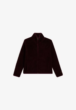 Chaqueta de forro polar de color púrpura oscuro, con cremallera y cuello alto, con mangas largas, exhibida plana sobre un fondo blanco.