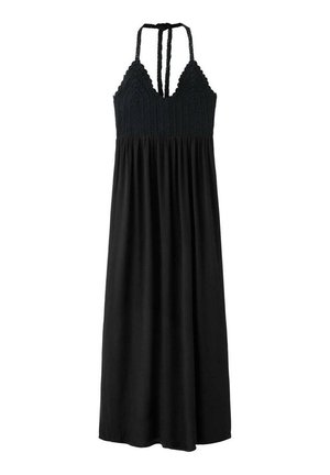 Vestido maxi negro sin mangas con top halter de crochet y tirantes finos que se atan en la espalda.