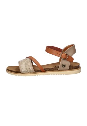 Open-toe sandal with beige and brown straps, adjustable ankle buckle, cushioned cork footbed, and grooved beige sole.