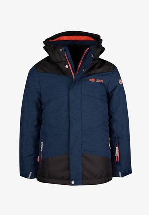 Marineblauer und schwarzer gepolsterter Mantel mit Kapuze. Verfügt über orangefarbene Akzente, zwei Reißverschlusstaschen und ein Logo auf der Brust.