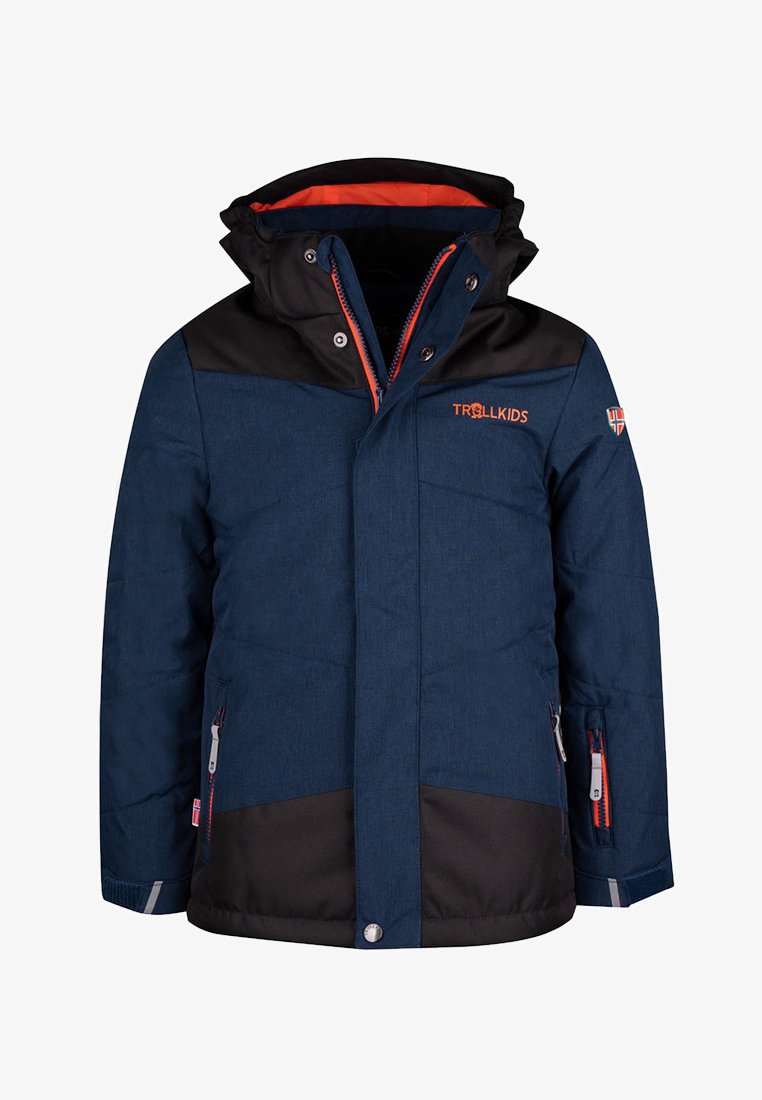 Navy blue and black padded jacket with a hood. Features orange accents, dual zippered pockets, and a logo on the chest.