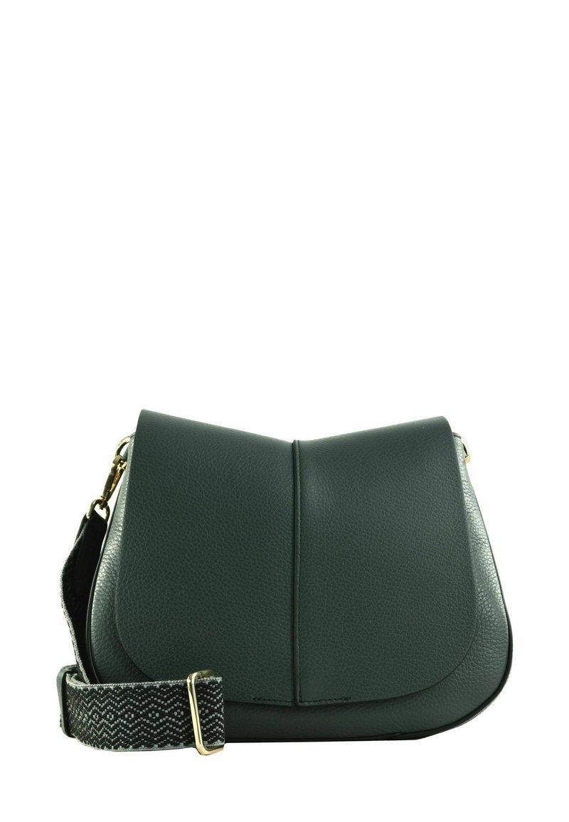 Sac à épaule en cuir vert avec fermeture à rabat, finition texturée et bandoulière à motif. Équipé de finitions en métal doré.