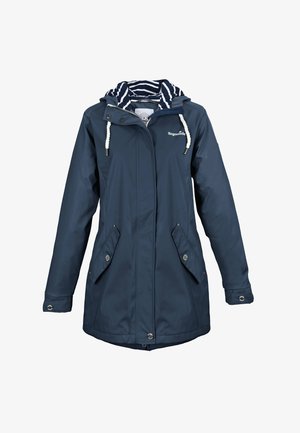 Navy waterproof jacket with a lined hood featuring white and navy stripes. Includes two front pockets and adjustable drawstrings.
