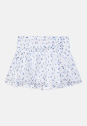 Witte flared rok met blauw bloemenpatroon, met een geplooide tailleband en lichtgewicht, gestructureerde stof.