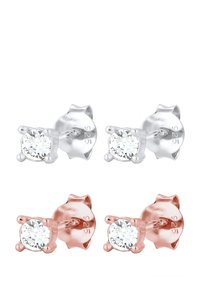 Orecchini a perno in argento e oro rosa con cristalli trasparenti rotondi, marchiati 925. Ogni orecchino ha un'impostazione a sei griffe e una superficie liscia.