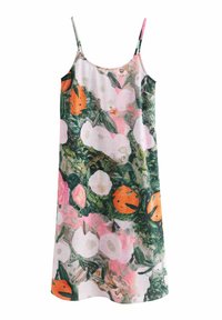Šaty s ramienkami vo forme spaghetti s kvetinovým vzorom v zelených, ružových a oranžových farbách; ľahký materiál; voľný strih; dĺžka po kolená.