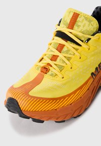 Chaussure de trail running jaune et orange avec tige en mesh, lacets jaunes, semelle extérieure noire et design à rayures orange.