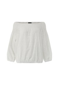 Weiße Bluse mit schulterfreiem Design und floralem Bestickung, elastischem Ausschnitt, langen Puffärmeln und gerafft gesäumtem Abschluss. Weicher, leichter Stoff.