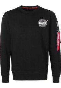 Black sweatshirt made of cotton blend, featuring a NASA logo and a red “Remove Before Flight” tag on the left sleeve. Round neck design.