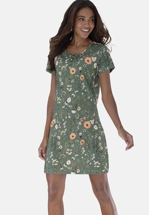 Short-sleeve green dress featuring a floral pattern in orange, white, and yellow, with a round neckline and buttons at the front.