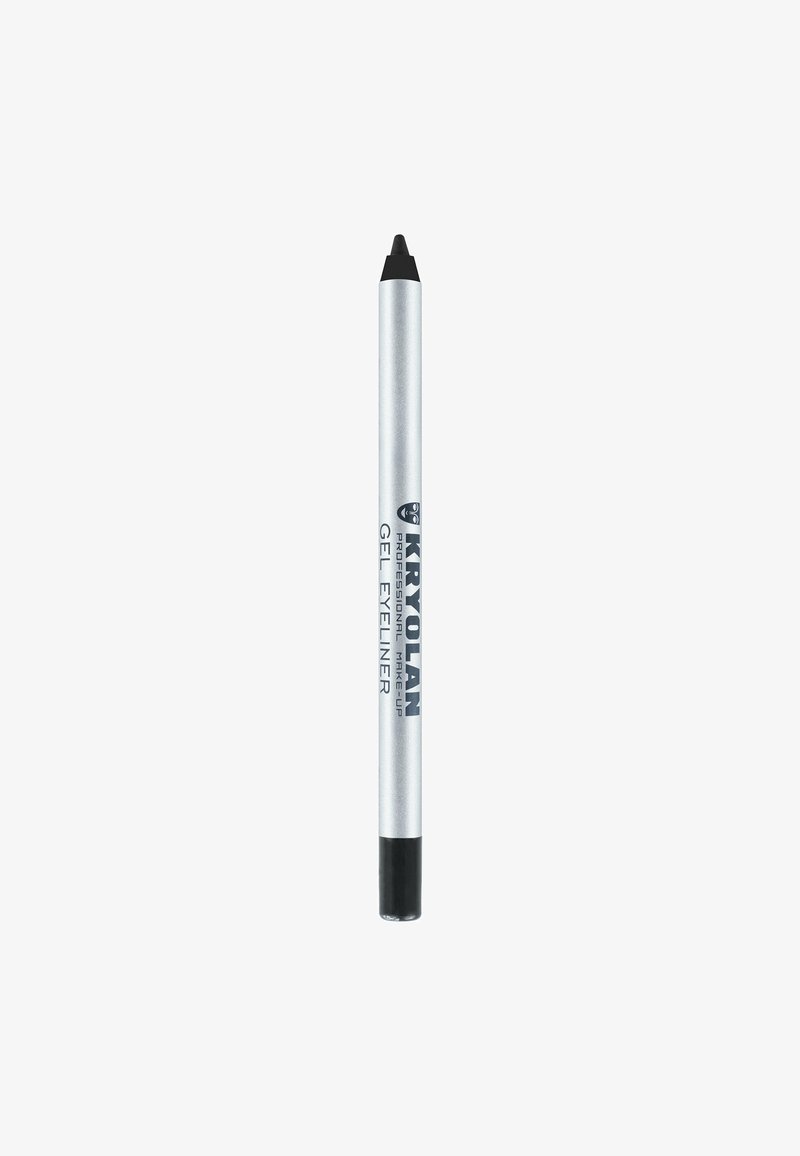 Silver Kryolan gel eyeliner pencil with black tip and cap, labeled "Professional Make-Up Gel Eyeliner" on white background.