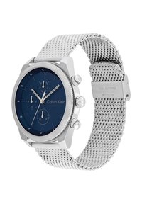 Orologio in acciaio inox lucido con quadrante blu navy, cassa ottagonale, tre sottodial e bracciale a rete. Caratterizzato da dettagli lucidi e testurizzati.
