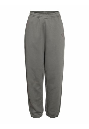 Pantalones de chándal grises hechos de una tela suave, con una cinturilla elástica, puños acanalados, bolsillos laterales y un sutil detalle de logo en el muslo.