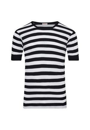 Sorte og hvide stribede kortærmede T-shirt med rund halsudskæring og en blød tekstur. Vandrette striber er jævnt fordelt.