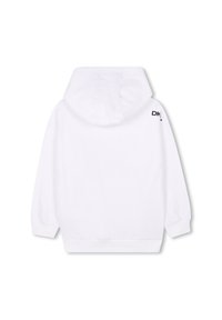 Sudadera blanca con capucha ajustable, puños y dobladillo acanalados. Presenta un pequeño logotipo negro en la parte superior de la espalda. Tejido de algodón suave.
