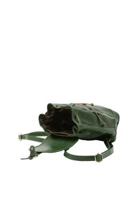 Borsa in pelle verde con chiusura a cordoncino, che presenta una forma strutturata. L'interno foderato presenta un motivo a scacchi, con tracolla regolabile inclusa.