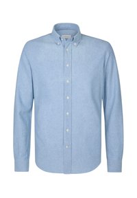 Camicia button-up azzurro chiaro realizzata in tessuto testurizzato, con colletto, maniche lunghe e bottoni bianchi sul davanti.