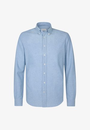 Chemise boutonnière bleu clair en tissu texturé, avec un col, des manches longues et des boutons blancs sur le devant.