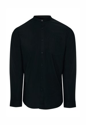 Czarna koszula z długim rękawem z kołnierzykiem band, przednim zapięciem na guziki, kieszenią na klatce piersiowej i gładką teksturą materiału. Dopasowany krój z mankietami.