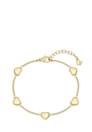 Delicada pulsera de cadena de oro con cinco charms sólidos en forma de corazón espaciados uniformemente y un cierre de langosta con una cadena extensora ajustable.
