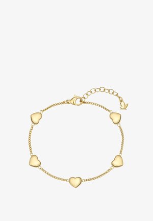 Delicada pulsera de cadena de oro con cinco charms sólidos en forma de corazón espaciados uniformemente y un cierre de langosta con una cadena extensora ajustable.
