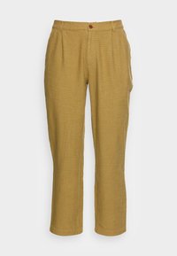 Pantaloni di un colore senape chiaro, realizzati in un tessuto tessurizzato, con chiusura a bottone, pieghe e tasche laterali. Design a gamba dritta.