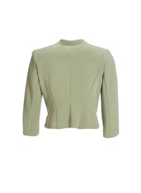 Blazer vert clair pour femme avec manches longues, coutures ajustées et ourlet arrière légèrement raccourci.