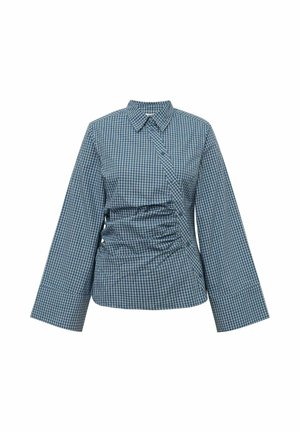 Modrá a bílá kostkovaná halenka s dlouhými rukávy, límcem, asymetrickým zapínáním na knoflíky na přední straně a na jedné straně s nabráním.