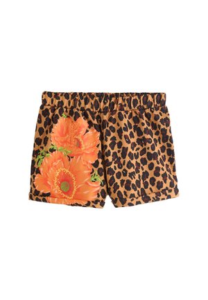 Leopard print shorts with large orange floral design on the left side, elastic waistband, and rolled hems.