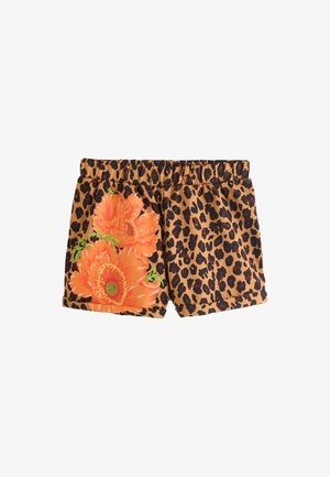 Kraťasy s leopardím vzorem a velkým oranžovým květinovým motivem na levé straně, elastický pas a ohrnuté lemy.