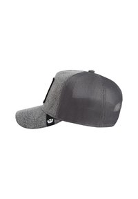 Graue Mütze mit solidem Vorderteil und Mesh-Rückseite. Verfügt über eine gebogene Krempe und ein kleines Logotag an der Seite für zusätzliche Details.