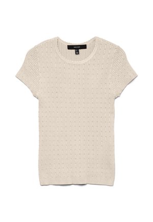 Beige kortermet strikket topp med lite hullmønster, rund halslinning og ribbede kanter, flatt på hvit bakgrunn.