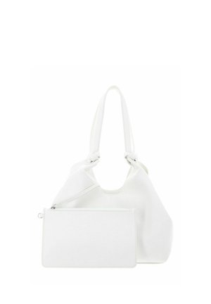 Sac à bandoulière en cuir blanc avec des anses nouées et une pochette rectangulaire assortie amovible à fermeture éclair à l'avant.