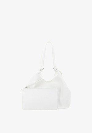 Sac à bandoulière en cuir blanc avec des anses nouées et une pochette rectangulaire assortie amovible à fermeture éclair à l'avant.