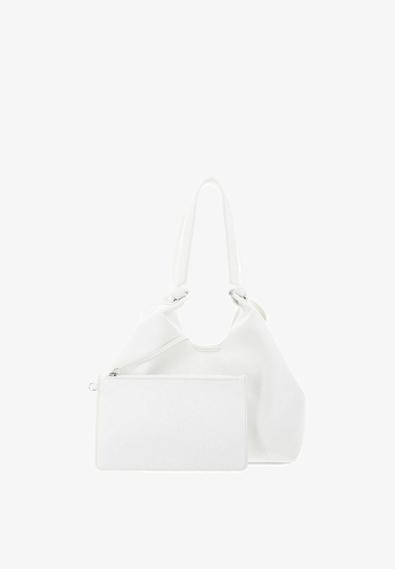 Sac à bandoulière en cuir blanc avec des anses nouées et une pochette rectangulaire assortie amovible à fermeture éclair à l'avant.