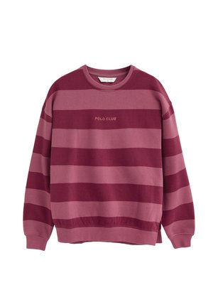 Sudadera con cuello redondo con anchas franjas horizontales en burdeos y rosa y texto "Polo Club" en el pecho.