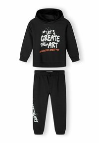 Black sweatshirt and pants set, featuring a hood, long sleeves, and white text graphics. Soft fabric with ribbed cuffs and waistband.