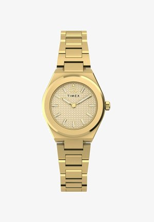 Hodinky na zápästie zo zlatého kovu s prepojeným náramkom, okrúhlym textúrovaným ciferníkom, zlatými hodinovými značkami a ručičkami, s logom „TIMEX“ pod pozíciou 12 hodín.