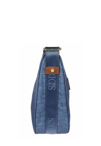 Borsa da spalla in tessuto blu con ampia tracolla blu navy con testo "RICS" cucito e dettaglio in pelle marrone con bottone metallico.